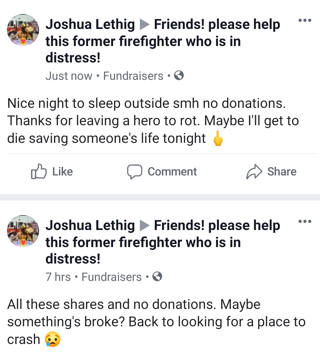 taxstone twitter beef - Joshua Lethig Friends! please help this former firefighter who is in distress! Just now Fundraisers Nice night to sleep outside smh no donations. Thanks for leaving a hero to rot. Maybe I'll get to die saving someone's life tonight
