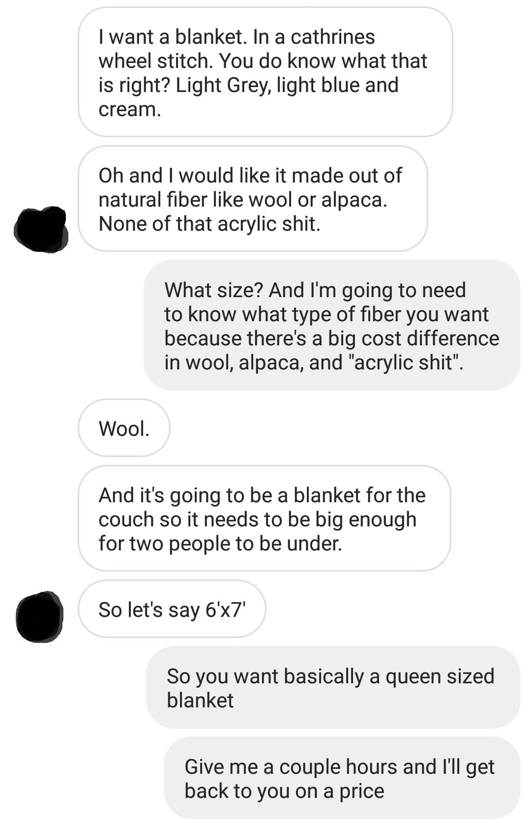 Blanket Maker Shares Texts from the Most Entitled "Customer" Ever