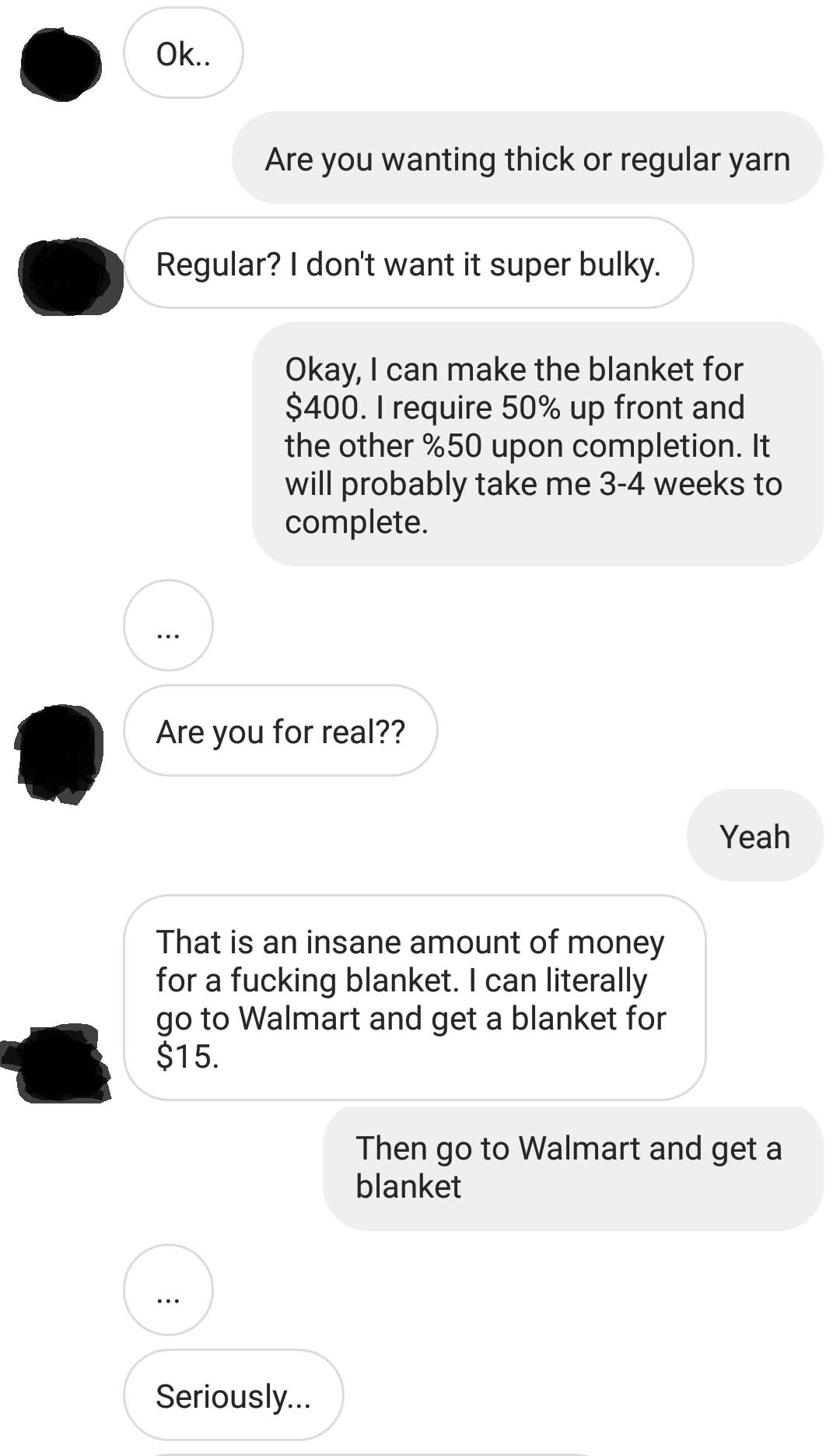Blanket Maker Shares Texts from the Most Entitled "Customer" Ever
