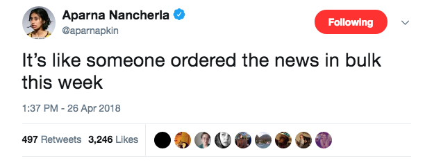 tweet - organization - Aparna Nancherla ing It's someone ordered the news in bulk this week 497 3,246 497 3,246 9000 0