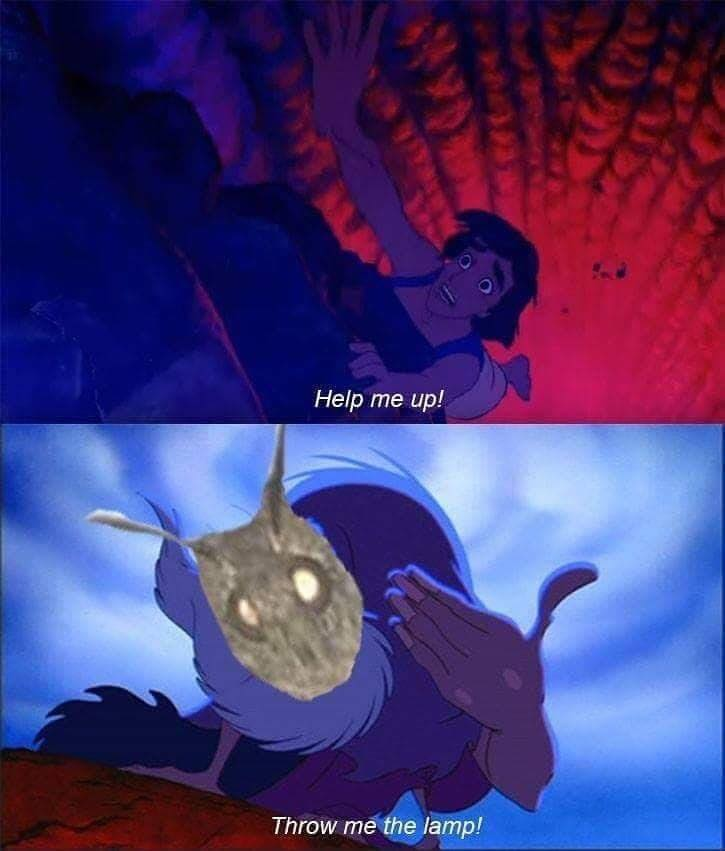 Comic of Aladdin yelling help me up and a moth saying throw me the lamp