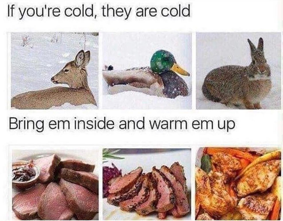 offensive meme about warming animals during winter by cooking them