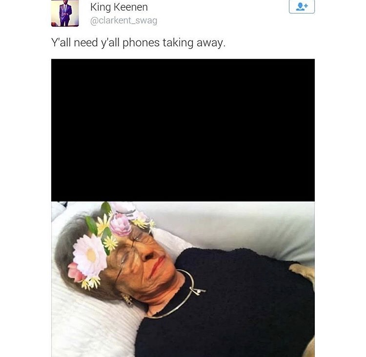 meme about inappropriate use of camera phones with picture of dead grandma in coffin with a Snapchat filter on