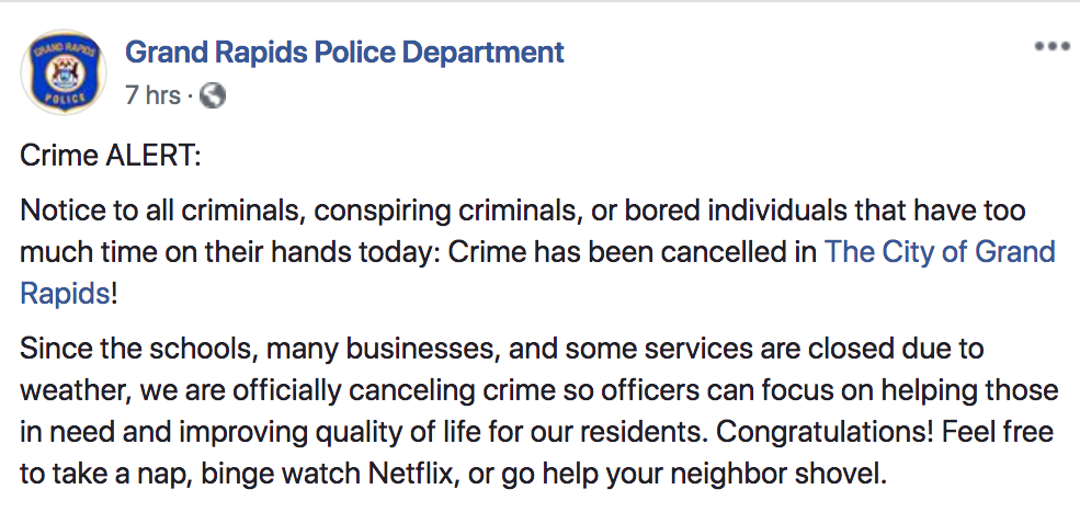 Crime is Cancelled in Grand Rapids Because It's Too Cold