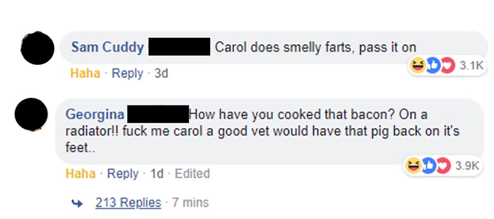 memes - multimedia - Carol does smelly farts, pass it on Sam Cuddy Haha 3d Id Georgina How have you cooked that bacon? On a radiator!! fuck me carol a good vet would have that pig back on it's feet.. D Haha 10 Edited 4 213 Replies 7 mins