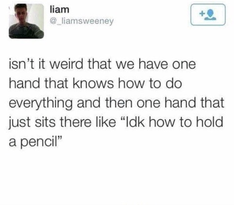 pray you stop overthinking - liam isn't it weird that we have one hand that knows how to do everything and then one hand that just sits there "Idk how to hold a pencil"
