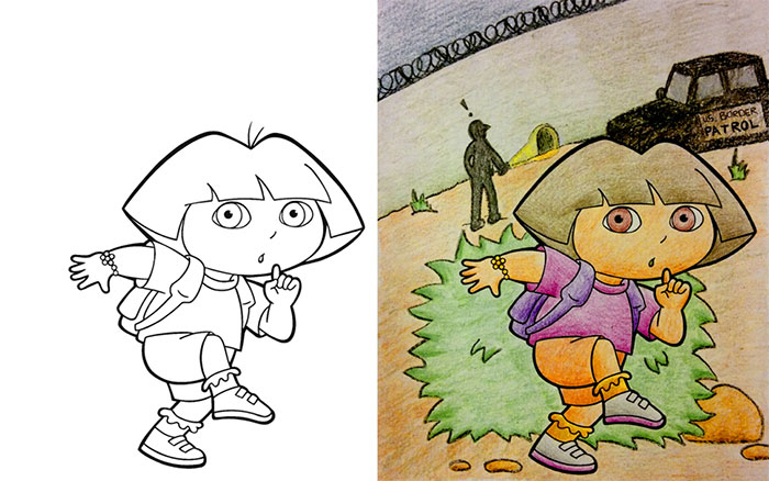 Corrupted coloring book of Dora the Explorer turned into her sneaking over the border