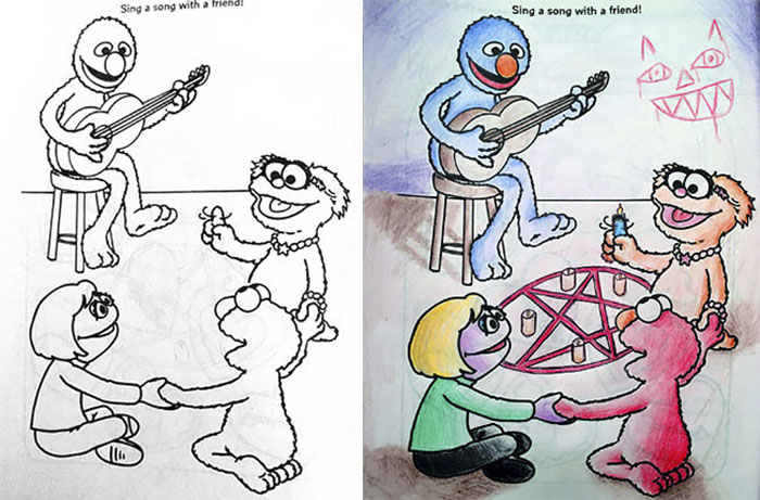 Corrupted coloring book of Grover playing guitar for some kids and Elmo turned into a satanic ritual