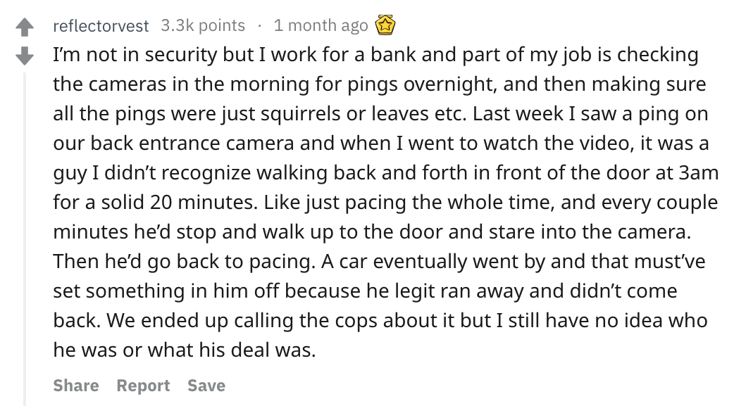 reddit story - document - reflectorvest points 1 month ago I'm not in security but I work for a bank and part of my job is checking the cameras in the morning for pings overnight, and then making sure all the pings were just squirrels or leaves etc. Last 