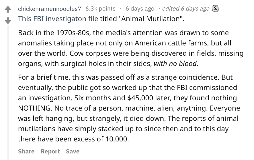 angle - chickenramennoodles7 points 6 days ago edited 6 days ago 3 This Fbi investigaton file titled "Animal Mutilation". Back in the 1970s80s, the media's attention was drawn to some anomalies taking place not only on American cattle farms, but all over 