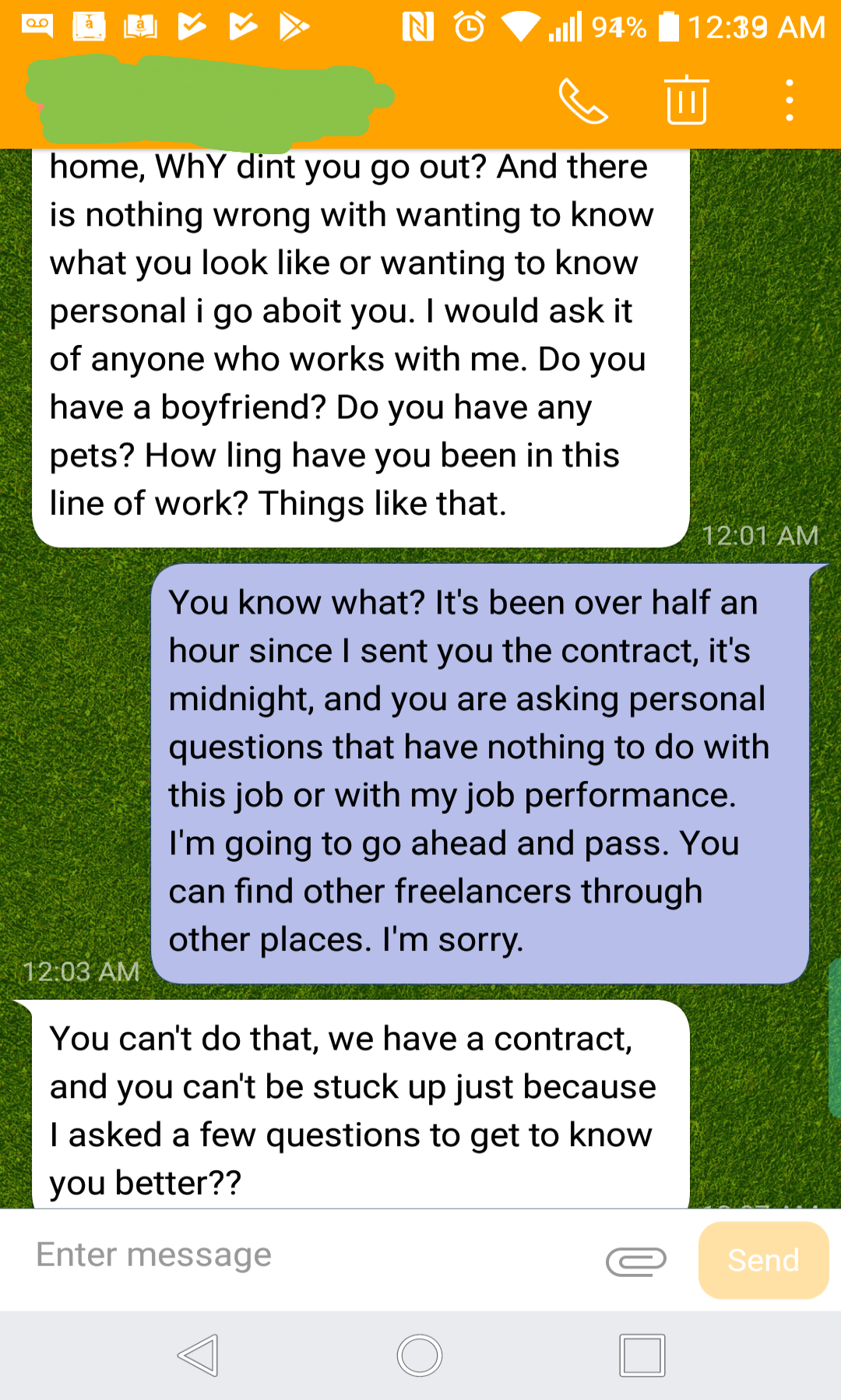 Freelance Boss Creeps Out a Possible Employee with Very Personal Questions
