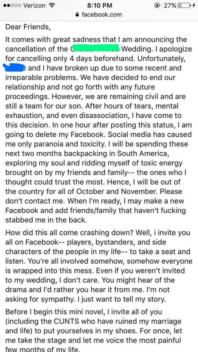 Bride Melts Down on Facebook and Cancels Her Wedding