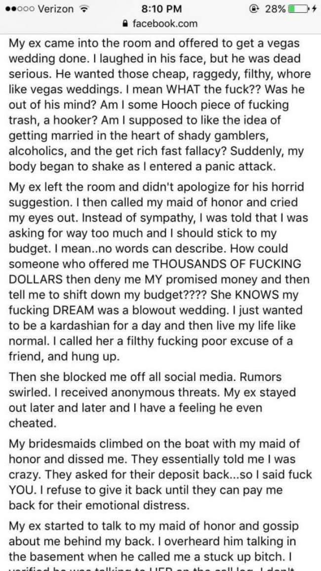 Bride Melts Down on Facebook and Cancels Her Wedding