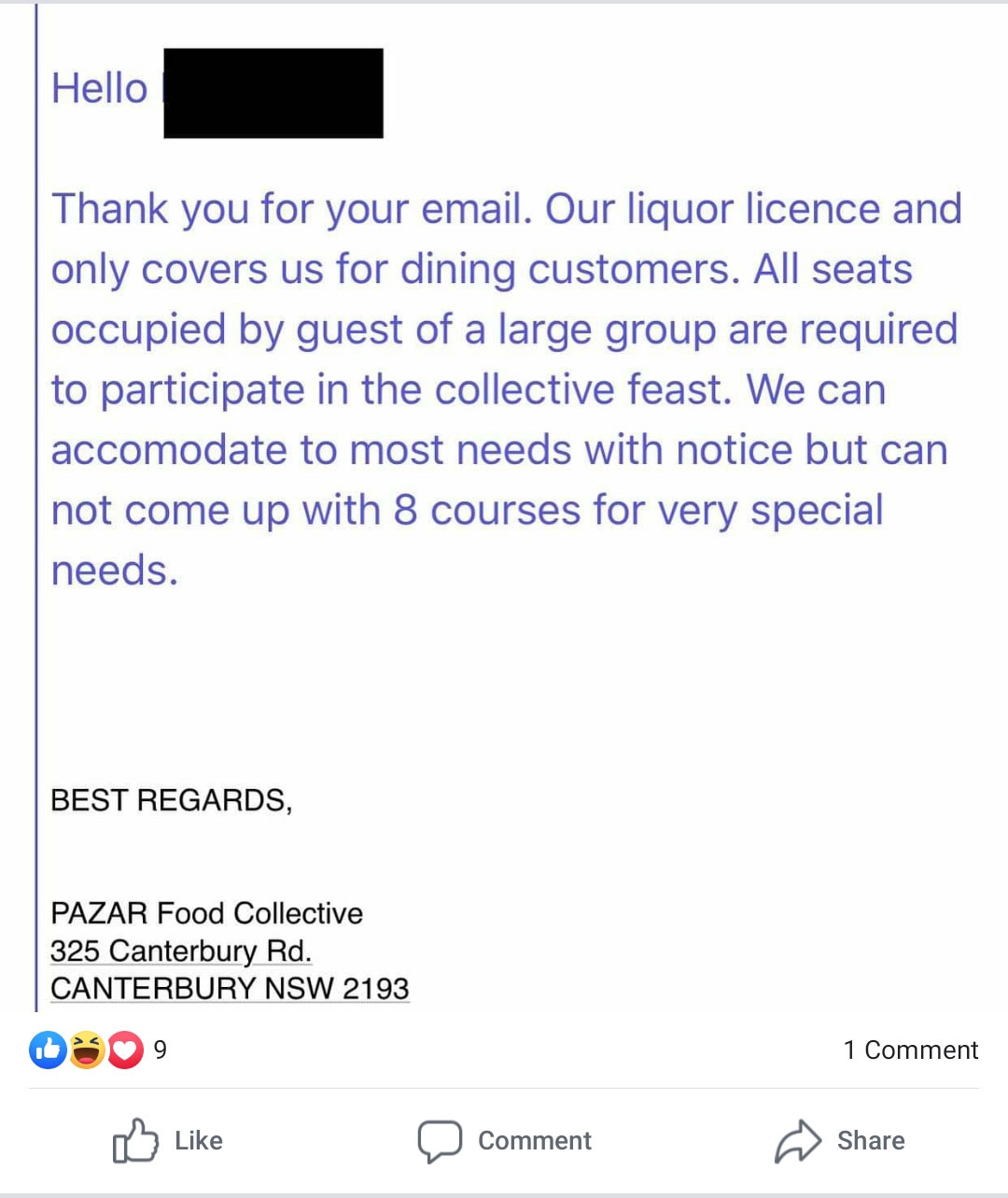 entitled begger - document - Hello Thank you for your email. Our liquor licence and only covers us for dining customers. All seats occupied by guest of a large group are required to participate in the collective feast. We can accomodate to most needs with