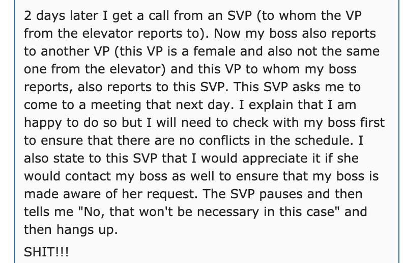 happens if you illegally enter other countries - 2 days later I get a call from an Svp to whom the Vp from the elevator reports to. Now my boss also reports to another Vp this Vp is a female and also not the same one from the elevator and this Vp to whom 