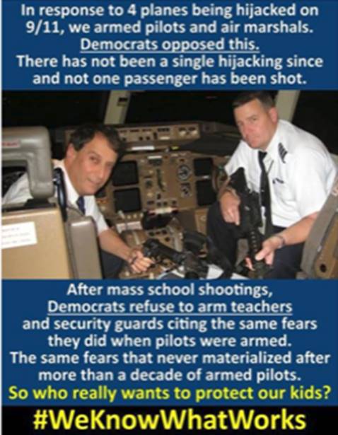 federal flight deck officer - In response to 4 planes being hijacked on 911, we armed pilots and air marshals. Democrats opposed this. There has not been a single hijacking since and not one passenger has been shot. After mass school shootings, Democrats 