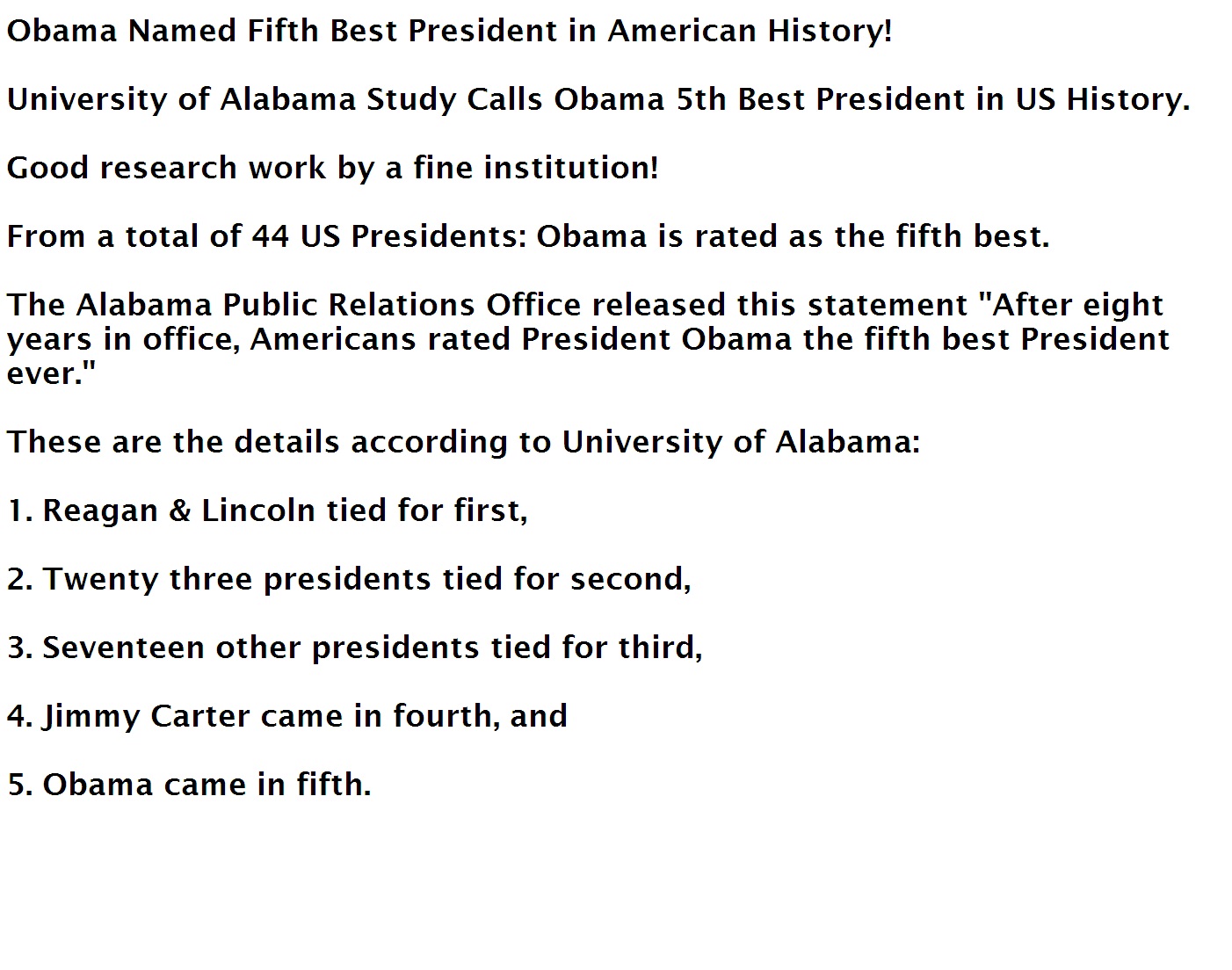 Study finds Obama 5th best president ever!