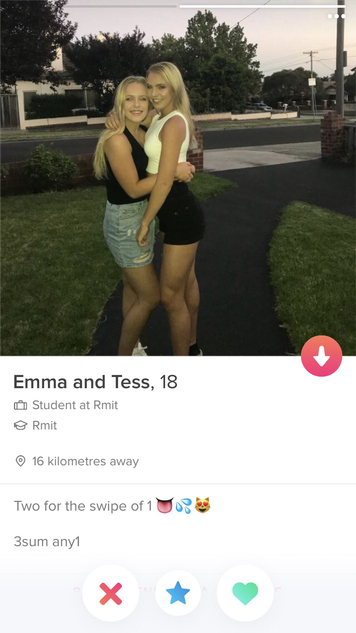 hot tinder 3sum - Emma and Tess, 18 Ii Student at Rmit 8 Rmit 16 kilometres away Two for the swipe of 1 Uro 3sum any1 X