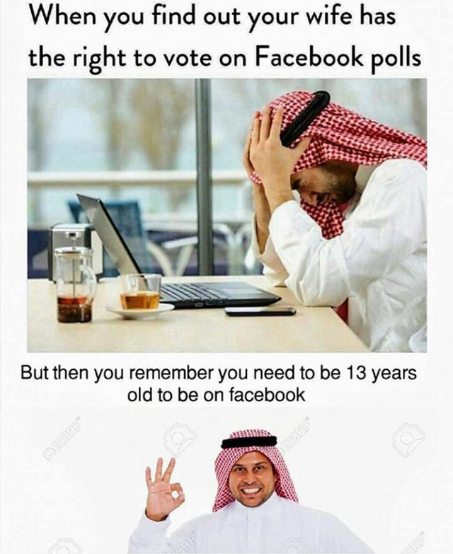 offensive memes dark memes - When you find out your wife has the right to vote on Facebook polls But then you remember you need to be 13 years old to be on facebook
