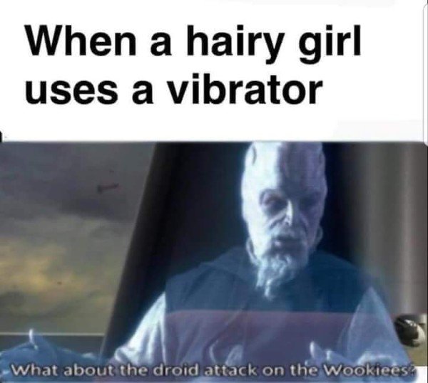 Dirty nsfw meme about when a hairy girl uses a vibrator.