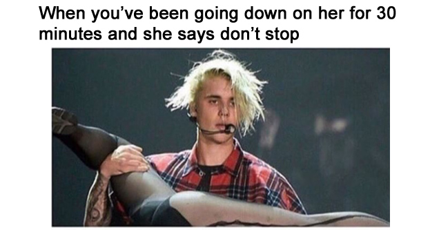 A dirty, nsfw meme with Justin Bieber holding a girl upside down with messy hair. 