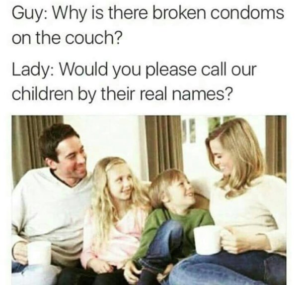 Inappropriate meme with a picture of a family and a nsfw caption. 