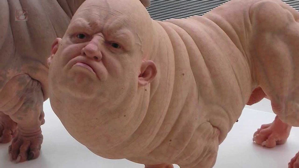 A weird picture of a man's face on a dog's body.