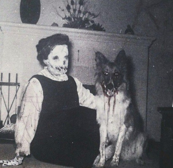 An extremely cursed image of a lady in costume and a dog.