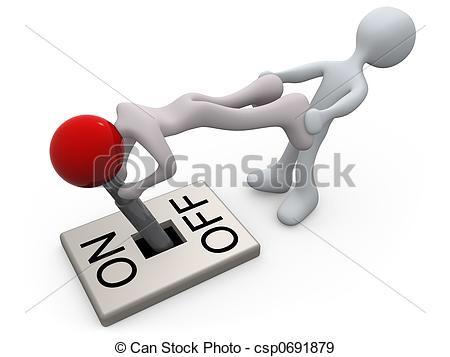A strange stock image of two 3D stick figures trying to turn off a switch.