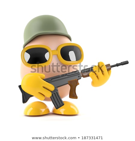 A weird stock photo of a little round ball wearing a helmet and holding a rifle. 