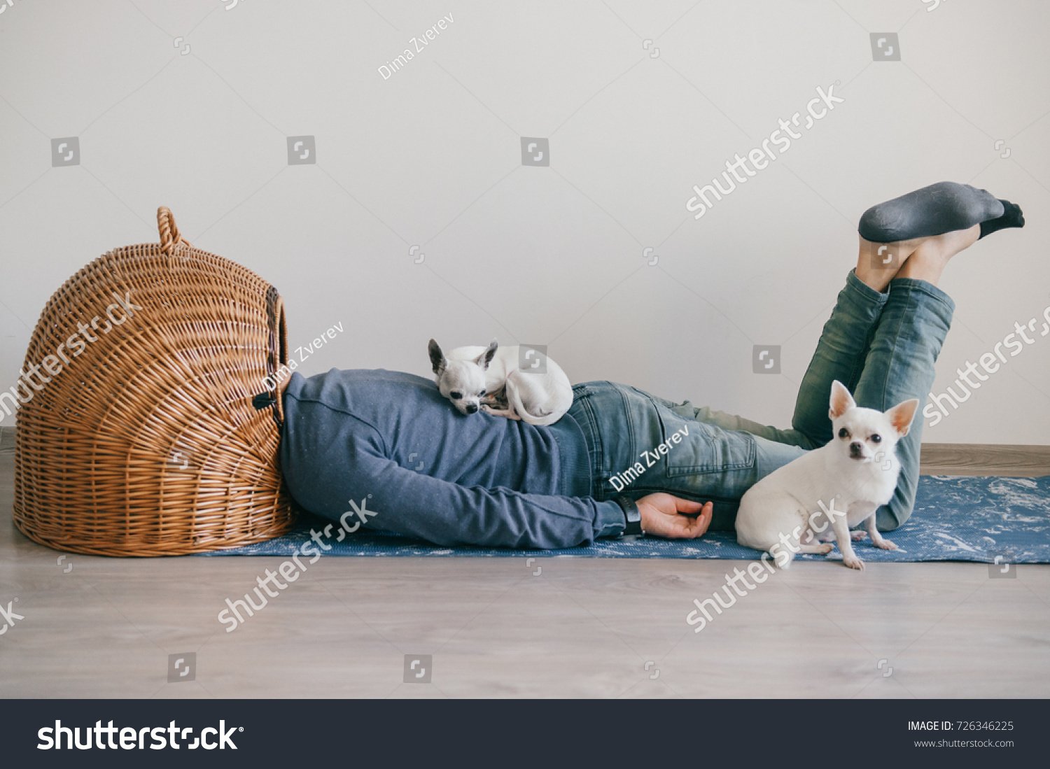 A seriously strange stock image of a person with their head in a wicker basket surrounded by dogs. 