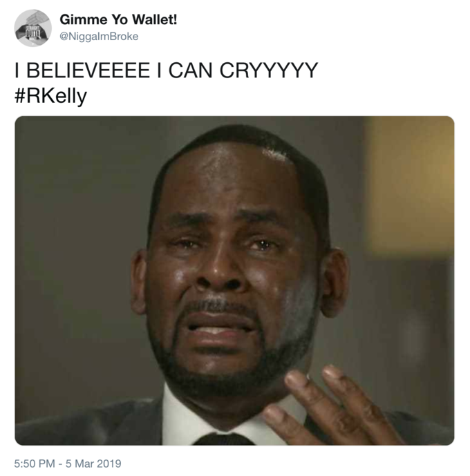 Funny R. Kelly meme referencing the song I Believe I Can Fly.