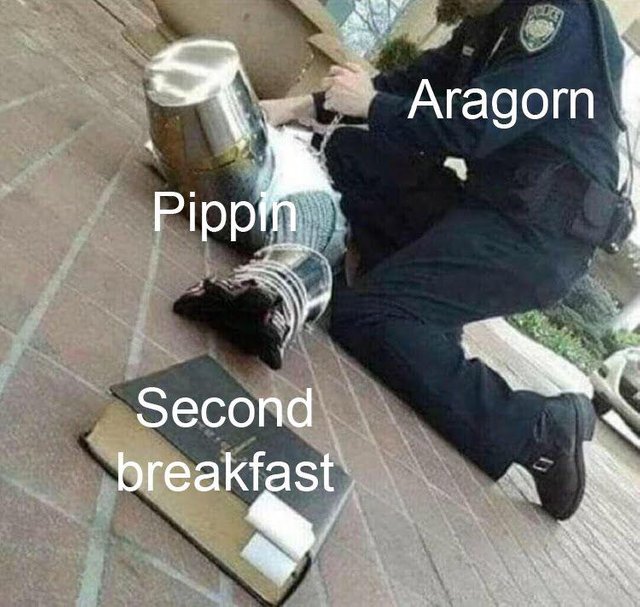 Hilarious Lord of the Rings hobbit meme about second breakfast celebrating the new Amazon LOTR series. 