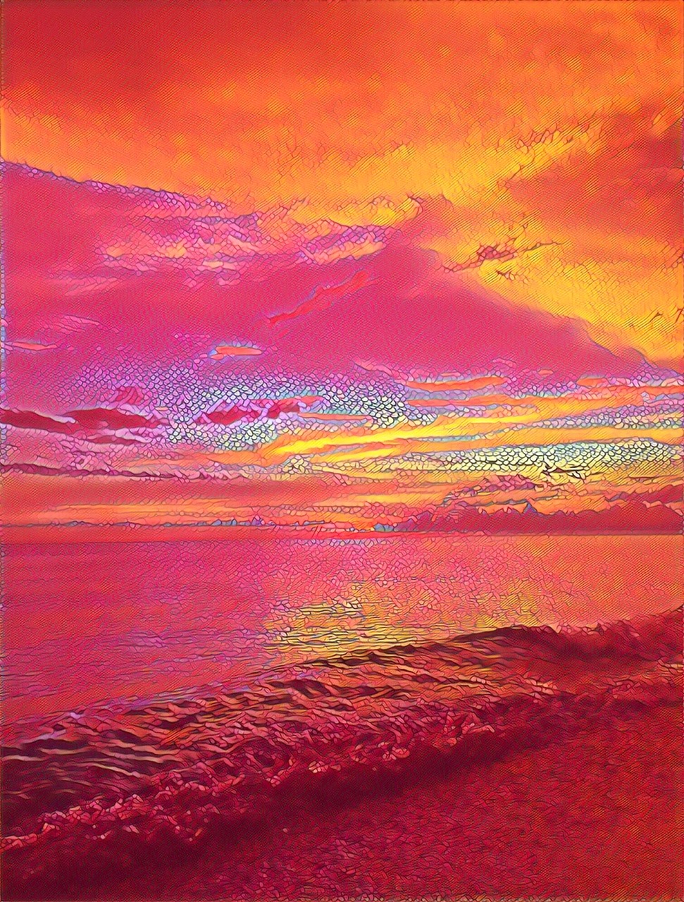 Trippy image of a vibrant, colorful, beach scene