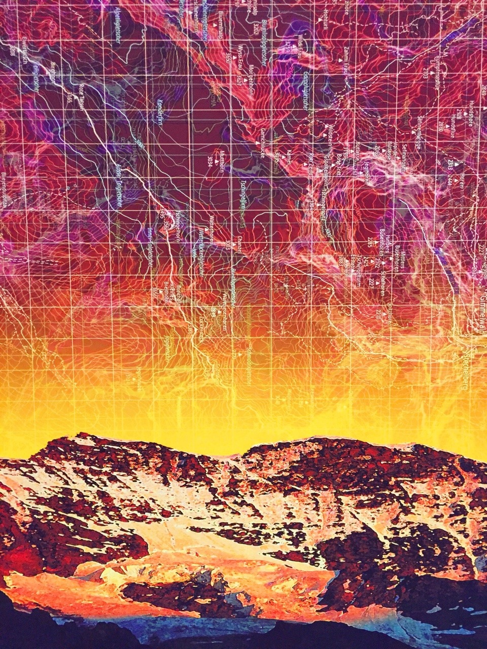 Amazing picture of a colorful mountain with a topographical map overlayed