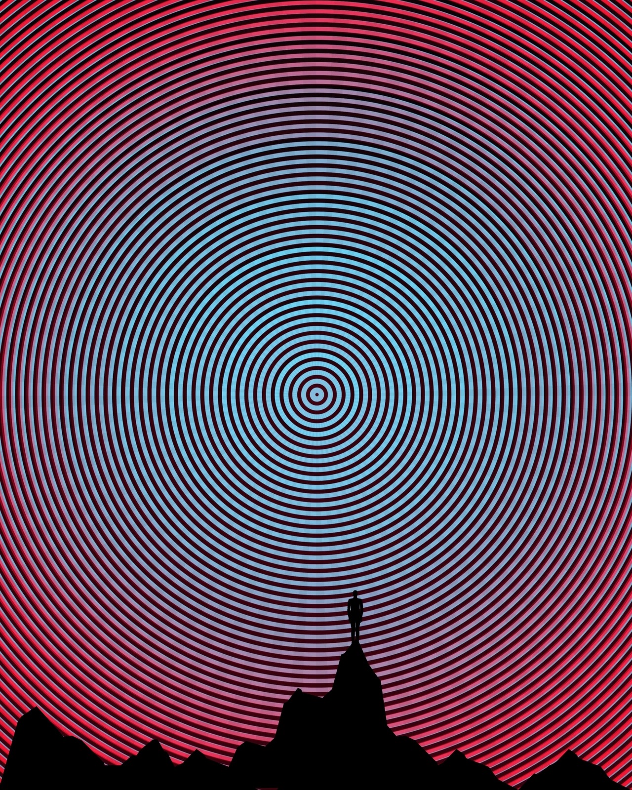 A trippy picture of a silhouette of a mountain with a vibrant pattern behind it