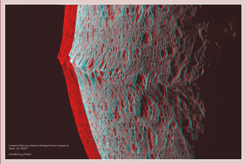 A 3D image of one of Saturn's moons, Iapetus, taken by NASA