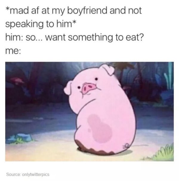 Cute wholesome meme with a pig and a caption about not being mad at your bf because he asked if you want food