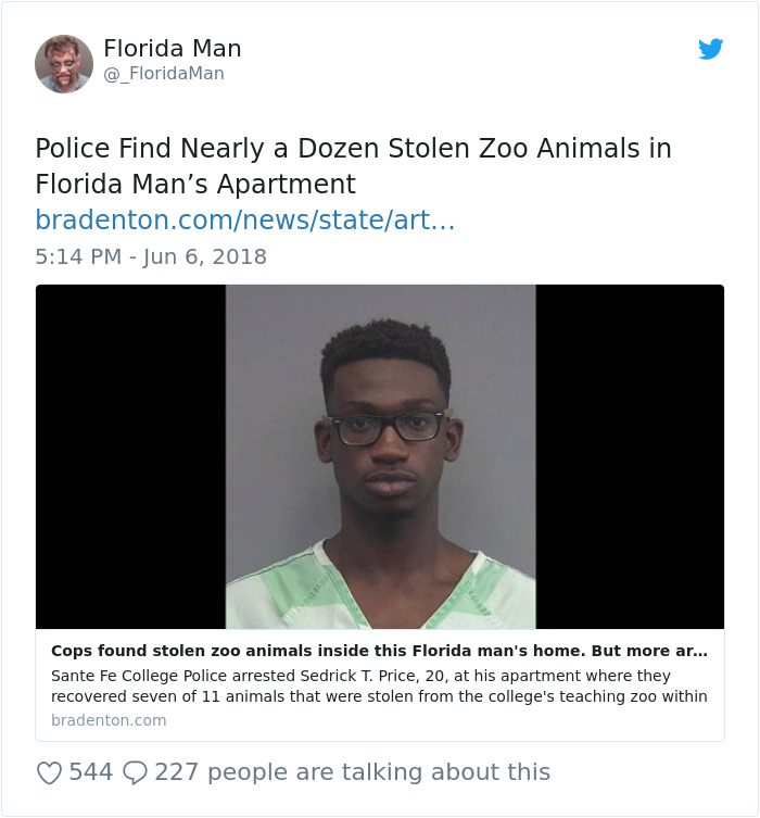 Florida man meme about how he stole zoo animals and took them to his apartment