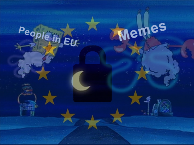 Article 13 Spongebob meme with Spongebob and Mr. Krabs as ghosts and People in the EU and Memes written on them