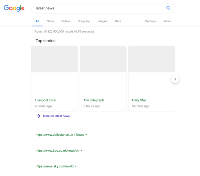 Article 13 meme- google search for 'latest news' with a completely blank results page