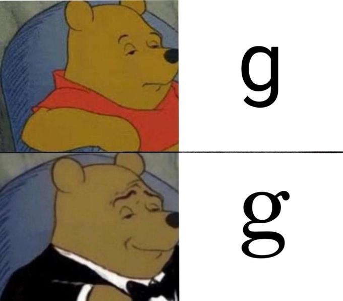 Winnie the pooh tuxedo meme with different versions of the letter