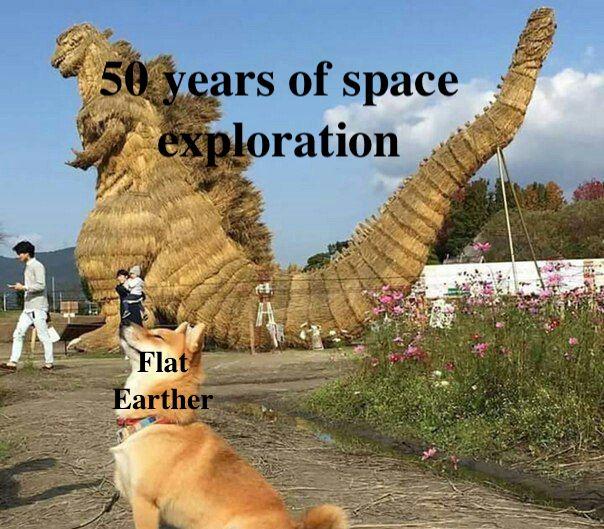 dank meme - godzilla dog - 50 years of space exploration Flat Earther