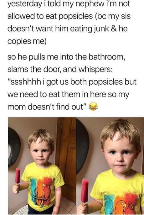 wholesome meme nephew popsicle meme - yesterday i told my nephew i'm not allowed to eat popsicles bc my sis doesn't want him eating junk & he copies me so he pulls me into the bathroom, slams the door, and whispers "ssshhhh i got us both popsicles but we 