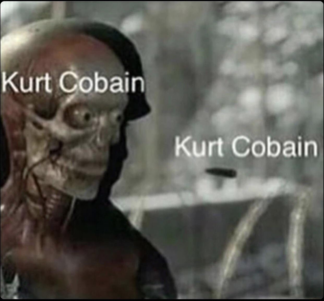Kurt Cobain meme with a skeleton and a bullet