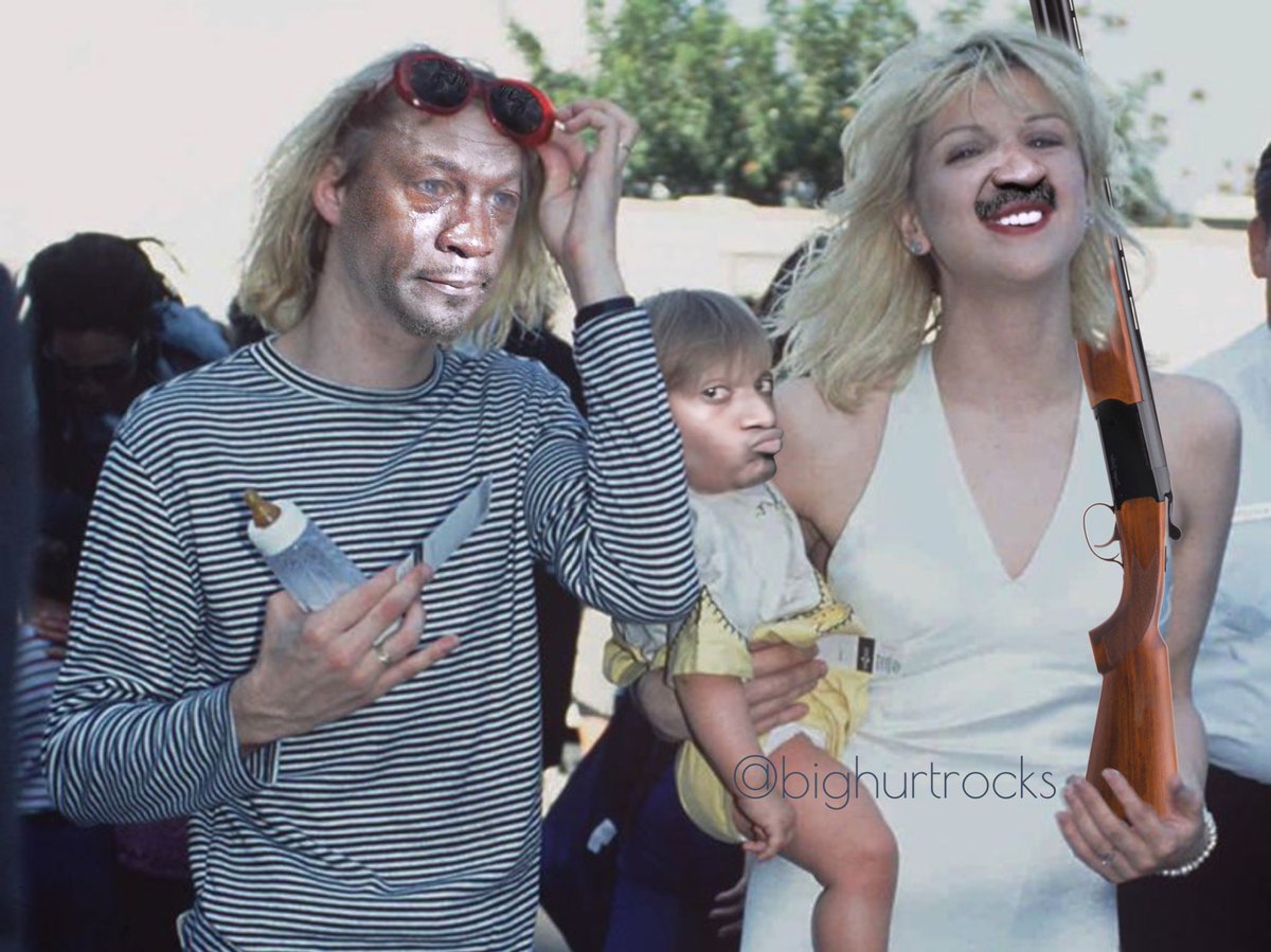 A photoshopped photo of Kurt Cobain and Courtney Love with the Michael Jordan crying face and a mustache on Courtney.