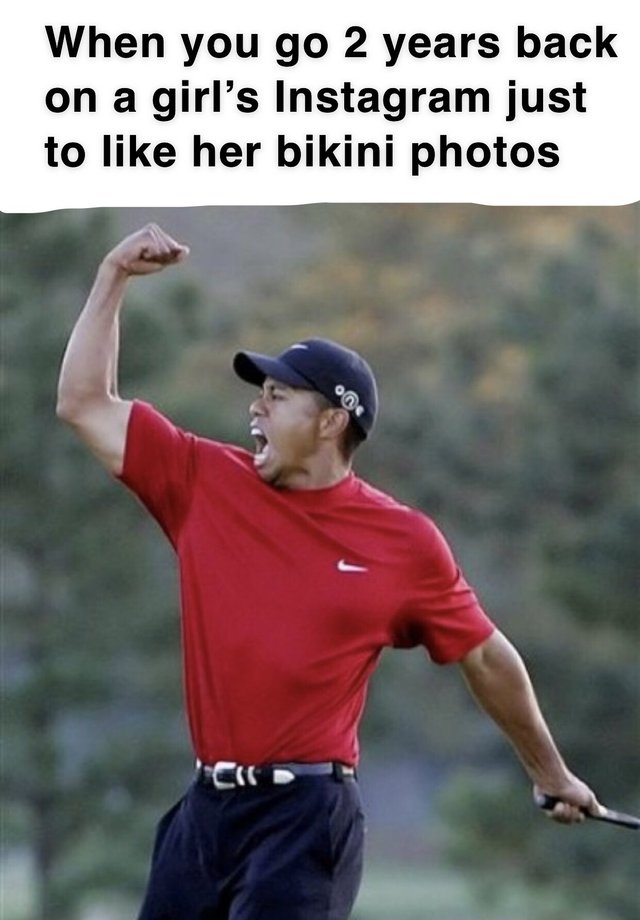 Tiger woods meme when you go 2 years back on a girl's Instagram just to like her bikini photos.