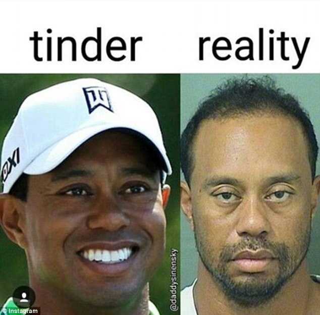 Tinder vs Reality Tiger Woods Masters golf memes.