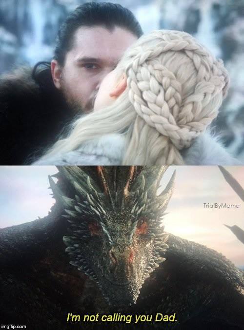 Jon Snow kissing Dany while Drogon looks on in a Game of Thrones Season 8 meme