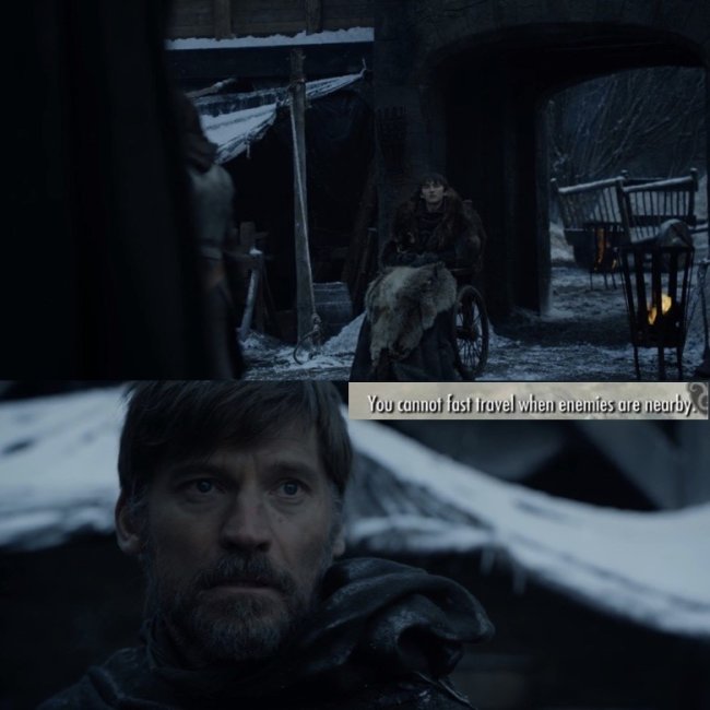Jaime Lannister and Bran Stark staring at each other in a Game of Thrones meme